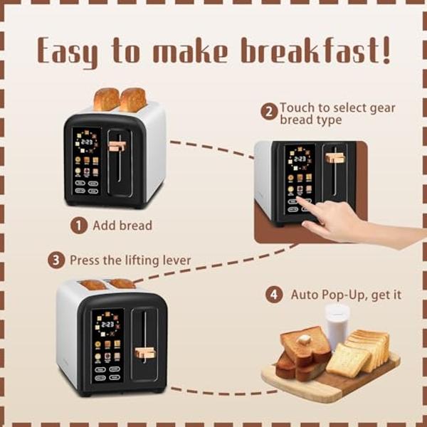 Tostadora de pantalla táctil de 2 rebanadas con pantalla LCD, tostadora de acero inoxidable con temporizador digital, 6 tipos de pan y 6 configuraciones de tostado, ranuras extra a