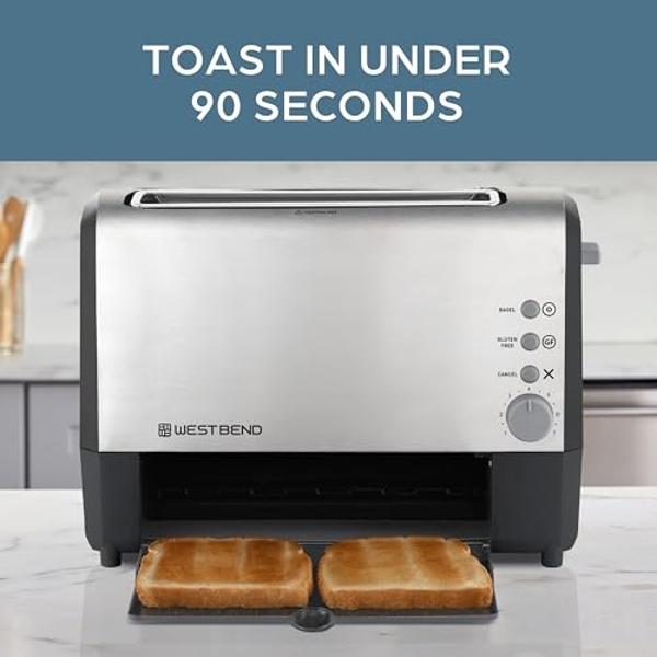 Tostadora West Bend 77222 de 2 rebanadas QuikServe con ranuras anchas deslizables, con configuraciones para bagels y sin gluten y exterior frío al tacto. Incluye bandeja para servi