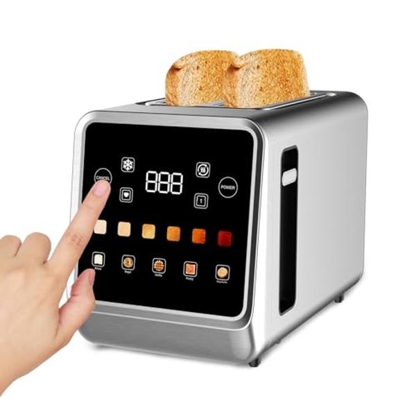 Tostadora de pantalla táctil de 2 rebanadas con pantalla LCD, tostadora de acero inoxidable con temporizador digital, 6 tipos de pan y 6 configuraciones de tostado, ranuras extra a