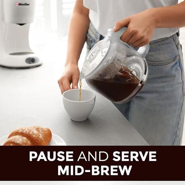Cafetera blanca MÜELLERHOME de 12 tazas: jarra de borosilicato, apagado automático, filtro reutilizable, antigoteo, función de mantenimiento del calor, ventana transparente para el