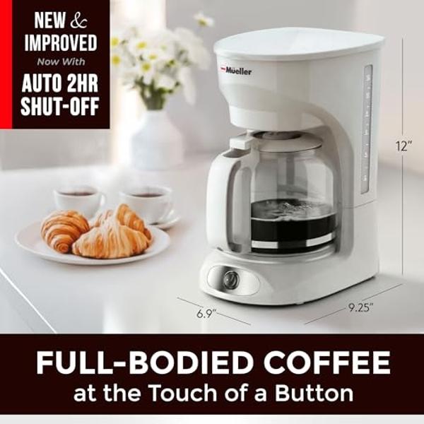 Cafetera blanca MÜELLERHOME de 12 tazas: jarra de borosilicato, apagado automático, filtro reutilizable, antigoteo, función de mantenimiento del calor, ventana transparente para el