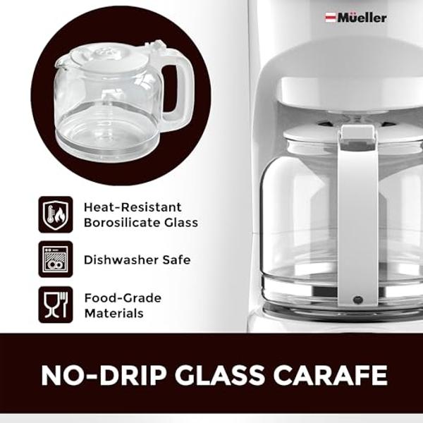 Cafetera blanca MÜELLERHOME de 12 tazas: jarra de borosilicato, apagado automático, filtro reutilizable, antigoteo, función de mantenimiento del calor, ventana transparente para el