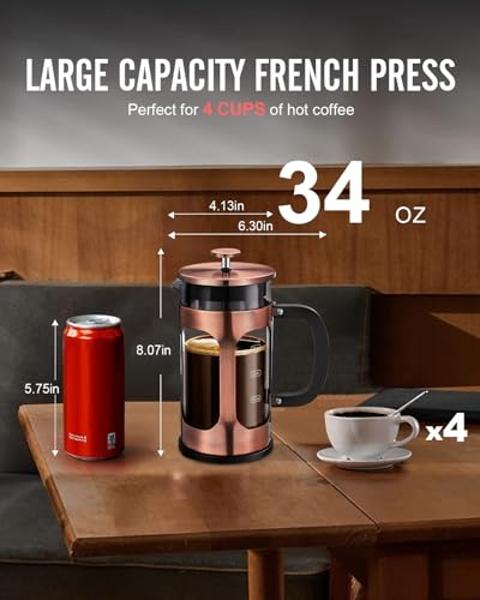 Cafetera de prensa francesa BAYKA de 1 litro y 34 oz, ideal como regalo para mamá, ideal para amantes del café, de acero inoxidable con vidrio de borosilicato grueso resistente al 