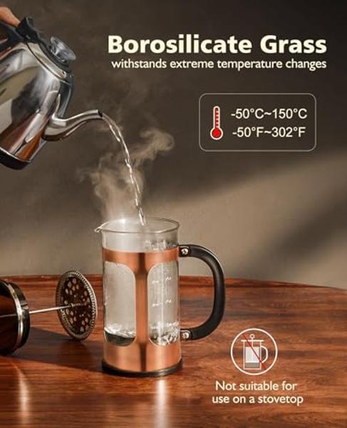 Cafetera de prensa francesa BAYKA de 1 litro y 34 oz, ideal como regalo para mamá, ideal para amantes del café, de acero inoxidable con vidrio de borosilicato grueso resistente al 
