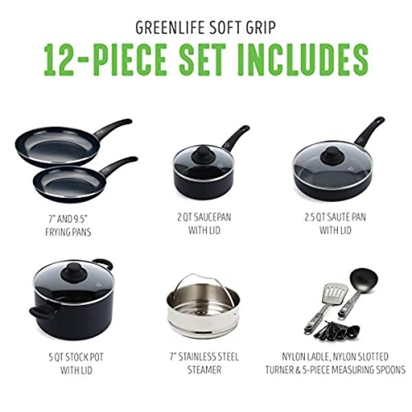 GreenLife - Juego de 12 ollas y sartenes antiadherentes de cerámica de agarre suave, sin PFAS, con tapa y apto para lavavajillas, color negro