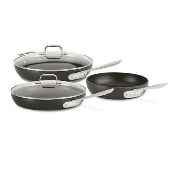 Juego de sartenes antiadherentes All-Clad HA1 anodizadas duras: 3 piezas, 8", 10" y 12" con tapa, compatibles con inducción, aptas para horno hasta 260 °C y tapa hasta 175 °C, colo