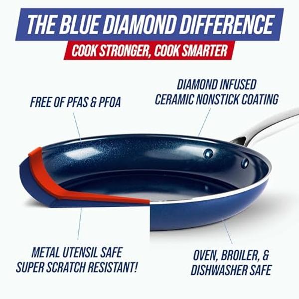 Juego de utensilios de cocina Blue Diamond de 14 piezas, ollas y sartenes antiadherentes de cerámica con infusión de diamante, libres de PFAS y PFOA, duraderas, no tóxicas, aptas p