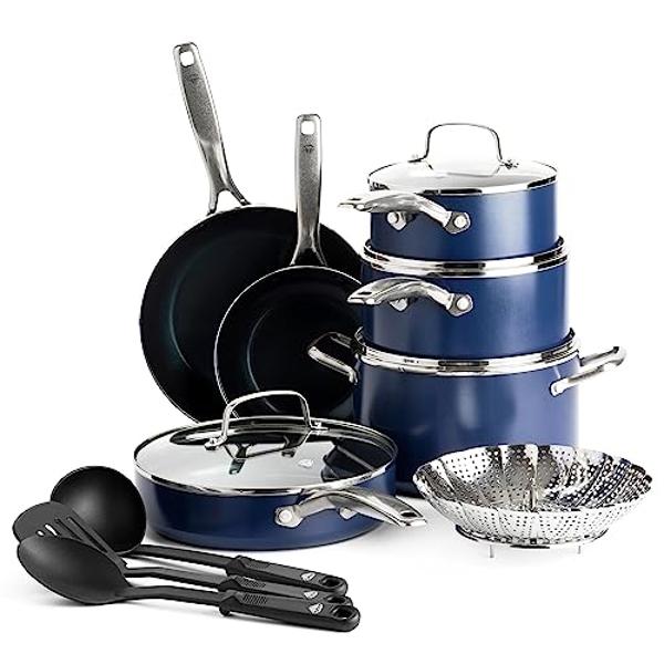 Juego de utensilios de cocina Blue Diamond de 14 piezas, ollas y sartenes antiadherentes de cerámica con infusión de diamante, libres de PFAS y PFOA, duraderas, no tóxicas, aptas p