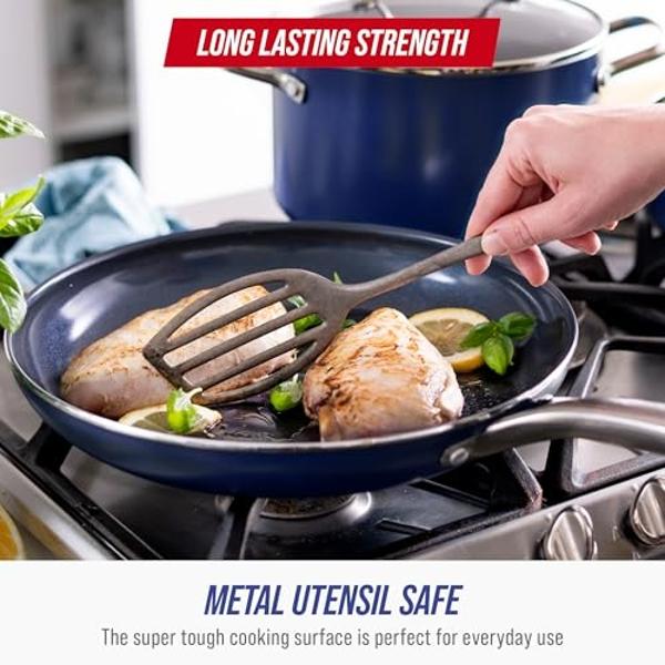 Juego de utensilios de cocina Blue Diamond de 14 piezas, ollas y sartenes antiadherentes de cerámica con infusión de diamante, libres de PFAS y PFOA, duraderas, no tóxicas, aptas p