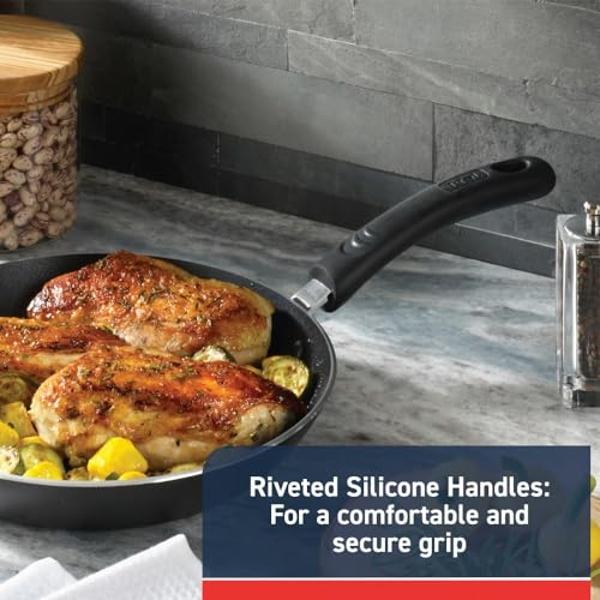 Juego de sartenes antiadherentes T-fal Experience (3 piezas, 8, 10,25 y 12 pulgadas), apto para horno de inducción y asador (400 °F), color negro.