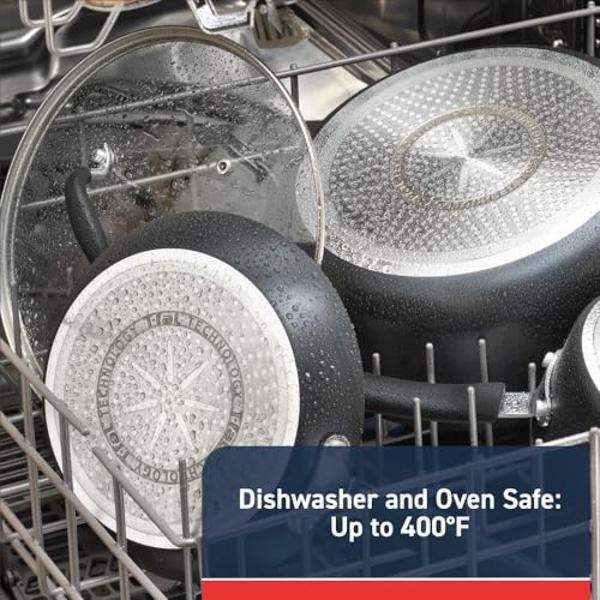Juego de sartenes antiadherentes T-fal Experience (3 piezas, 8, 10,25 y 12 pulgadas), apto para horno de inducción y asador (400 °F), color negro.