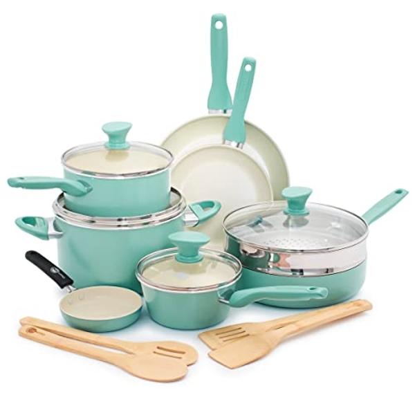 Juego de ollas y sartenes antiadherentes de cerámica GreenPan Rio Healthy de 16 piezas, sin PFAS, apto para lavavajillas, color turquesa