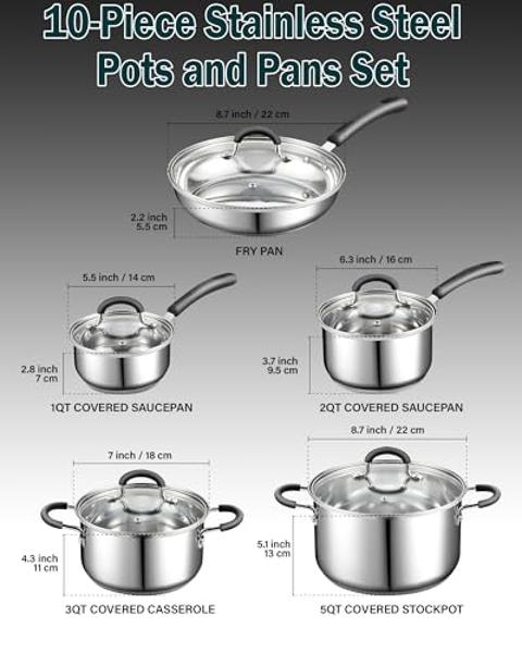 Juego de utensilios de cocina de acero inoxidable Cook N Home de 10 piezas, ollas y sartenes con asas que se mantienen frías, apto para lavavajillas, color plateado