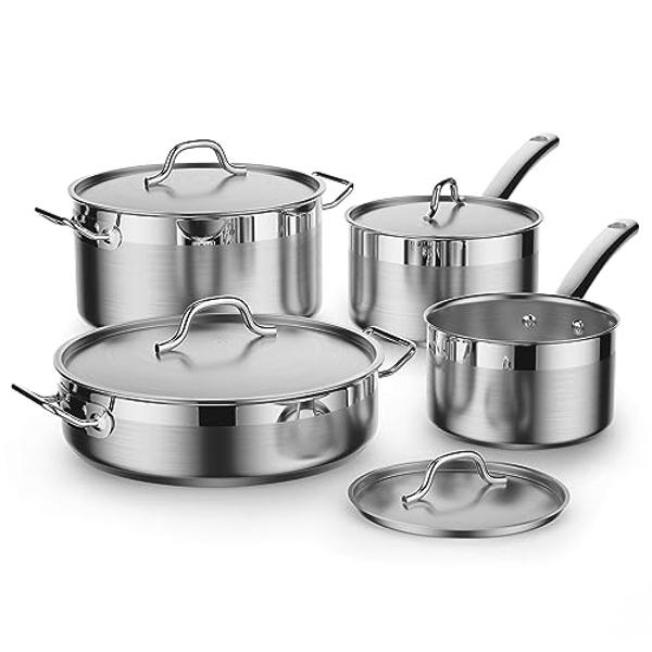 Juegos de utensilios de cocina Cooks Standard de acero inoxidable, ollas y sartenes profesionales que incluyen cacerola, sartén para saltear y olla con tapa, 8 piezas, color platea