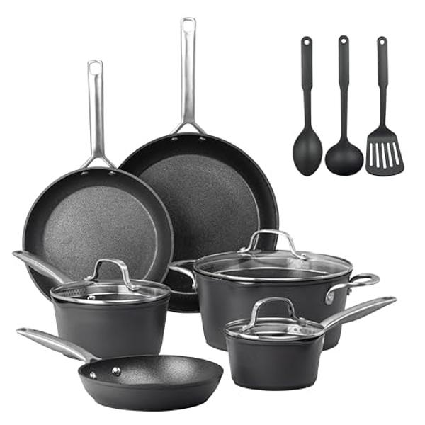 Juego de utensilios de cocina de acero inoxidable Cook N Home de 10 piezas, ollas y sartenes con asas que se mantienen frías, apto para lavavajillas, color plateado