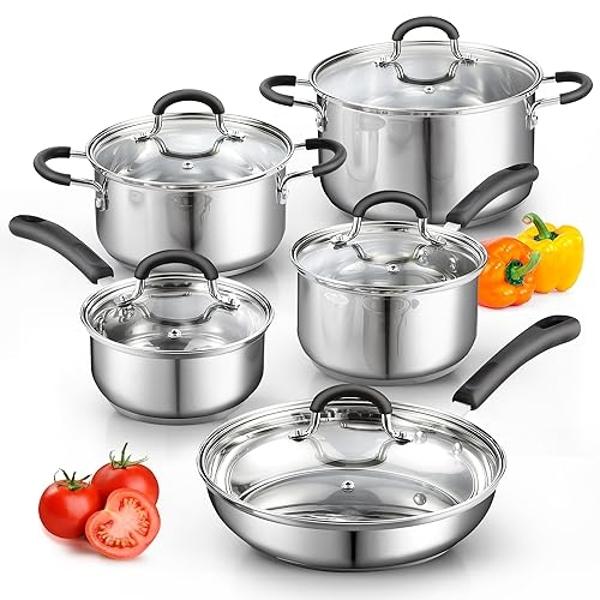 Juego de utensilios de cocina de acero inoxidable Cook N Home de 10 piezas, ollas y sartenes con asas que se mantienen frías, apto para lavavajillas, color plateado