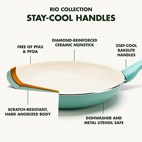 Juego de ollas y sartenes antiadherentes de cerámica GreenPan Rio Healthy de 16 piezas, sin PFAS, apto para lavavajillas, color turquesa