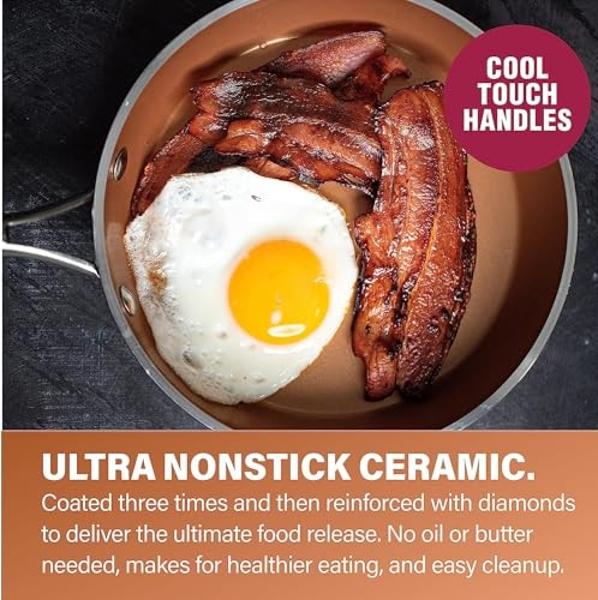 Juego de ollas y sartenes Gotham Steel de cobre martillado (10 piezas), antiadherentes, de cerámica no tóxica, apto para horno y lavavajillas.