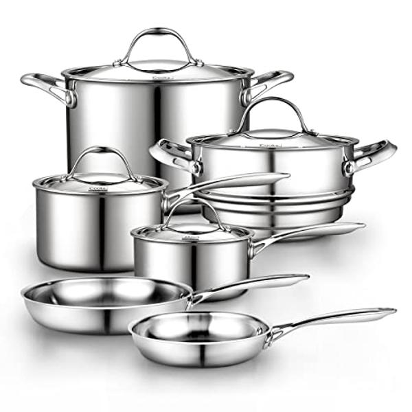 Juego de utensilios de cocina de acero inoxidable Cooks Standard de 10 piezas, ollas y sartenes multicapa con revestimiento completo, asas que se mantienen frías, apto para lavavaj