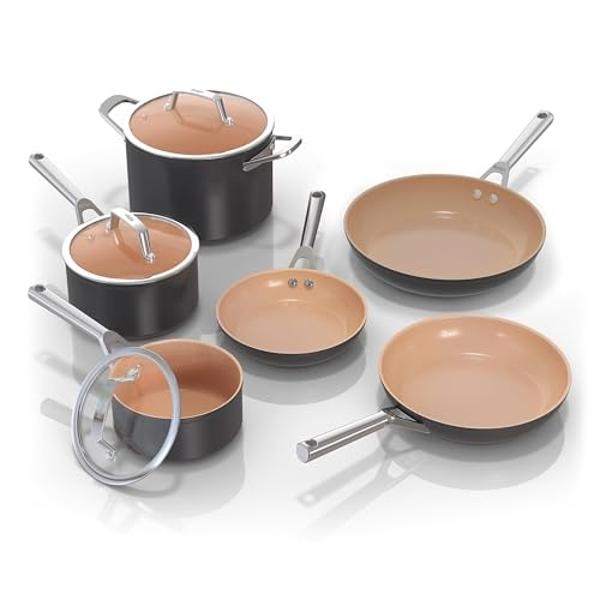 Juego de ollas y sartenes Ninja antiadherentes | Batería de cocina de cerámica premium de larga duración | 9 piezas antiadherentes | Sin PTFE | Apto para horno hasta 285 °C | Compa