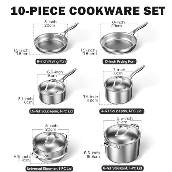Juego de utensilios de cocina de acero inoxidable Cooks Standard de 10 piezas, ollas y sartenes multicapa con revestimiento completo, asas que se mantienen frías, apto para lavavaj