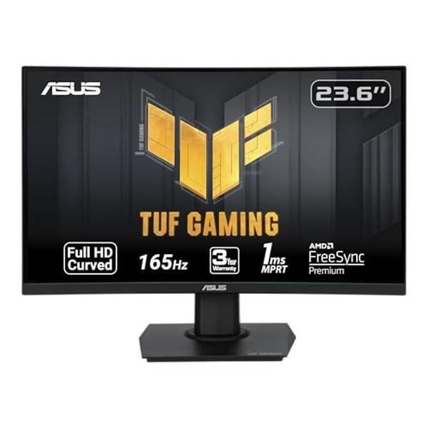 Monitor curvo ASUS TUF Gaming de 23,6" y 1080P (VG24VQE): Full HD, 165 Hz, 1 ms, Desenfoque de movimiento extremadamente bajo, Adaptive-Sync, FreeSync Premium, Shadow Boost, Montaj