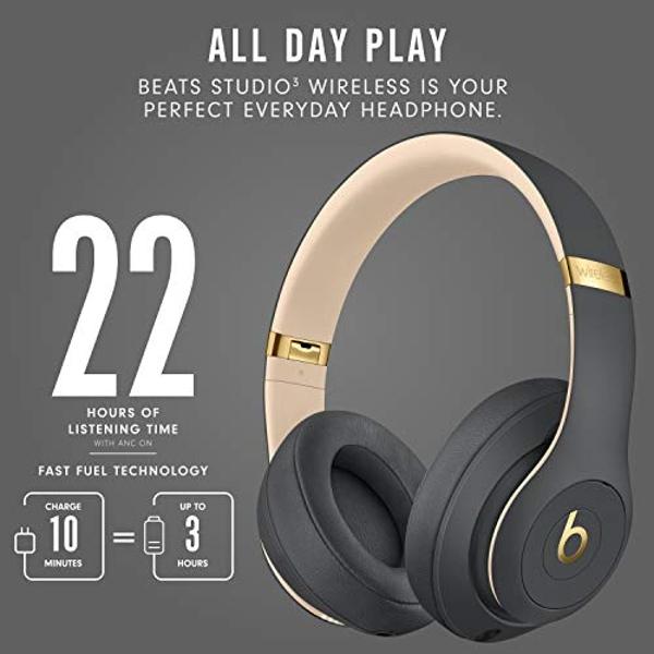 Auriculares inalámbricos Beats Studio3 con cancelación de ruido y supraaurales - Chip W1 de Apple, Bluetooth de clase 1, 22 horas de reproducción, micrófono integrado - Gris sombra