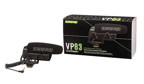 Micrófono de condensador tipo cañón Shure VP83 LensHopper para montar en cámara, ideal para usar con cámaras DSLR y videocámaras HD. Captura audio detallado de alta definición con 