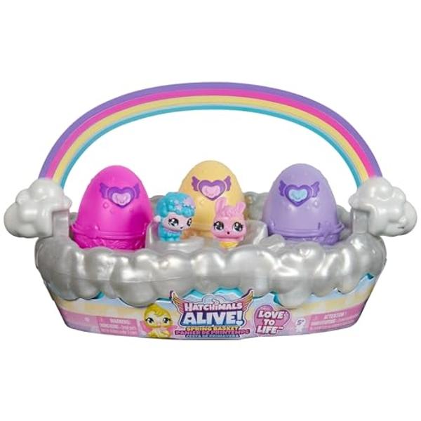 Hatchimals Alive, cesta de primavera con 6 minifiguras, 3 huevos autoeclosionantes, regalo divertido y juguete de Pascua, juguetes para niños y niñas a partir de 3 años.