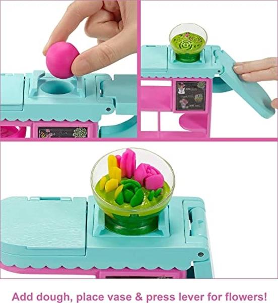 Muñeca Barbie Florista y set de juego, estación para hacer flores con moldes, 3 colores de masa y accesorios, muñeca rubia de moda