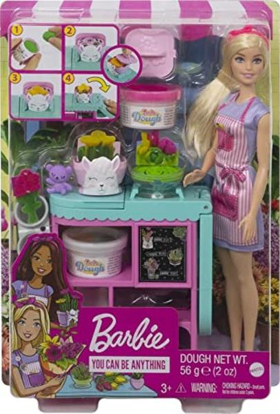 Muñeca Barbie Florista y set de juego, estación para hacer flores con moldes, 3 colores de masa y accesorios, muñeca rubia de moda