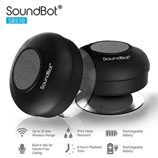 Altavoz de ducha Soundbot SB510 HD con Bluetooth, resistente al agua, manos libres, micrófono integrado, 6 horas de reproducción, botones de control y ventosa especial para ducha (