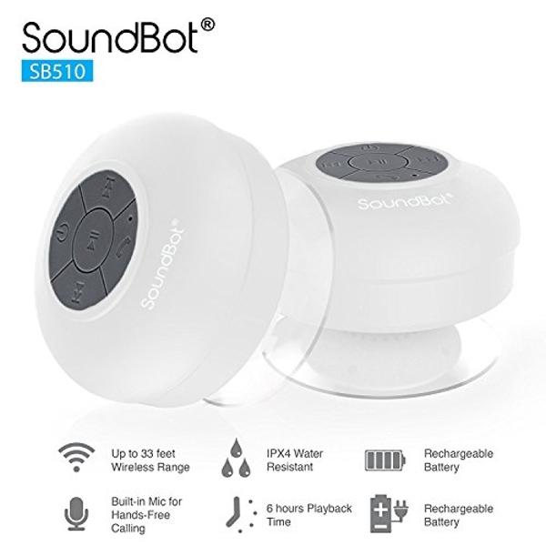 Altavoz de ducha SoundBot® SB510 HD resistente al agua con Bluetooth 4.0, manos libres, micrófono integrado, 6 horas de reproducción, botones de control y ventosa especial para duc
