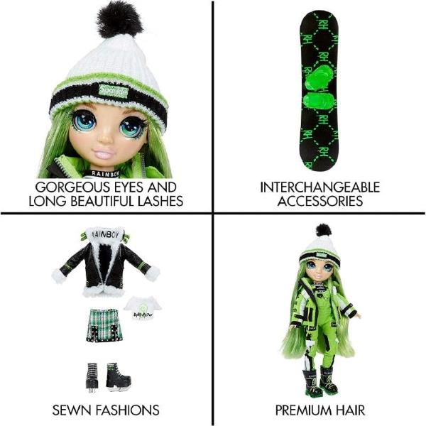 Rainbow High Winter Break Jade Hunter - Muñeca de moda verde y set de juego con 2 conjuntos de diseñador, tabla de snowboard y accesorios, ideal para niños y coleccionistas, ideal 