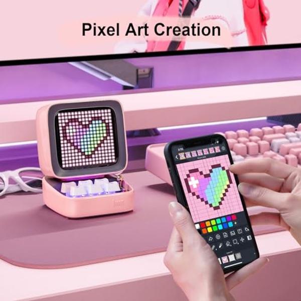 Altavoz Bluetooth Divoom Ditoo Retro Pixel Art con pantalla frontal LED de 16 x 16 pulgadas y control por aplicación (rosa)
