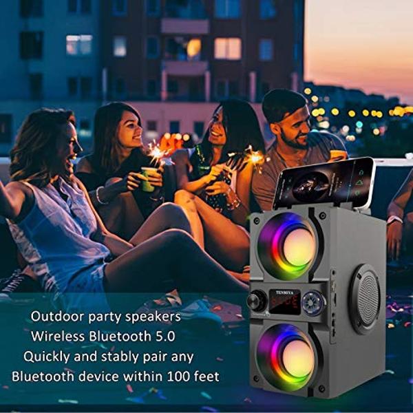Altavoz Bluetooth, altavoz inalámbrico portátil de 40 W (pico de 60 W) con luces de colores, subwoofer doble de graves potentes, radio FM, reproductor de MP3, Bluetooth 5.0, altavo