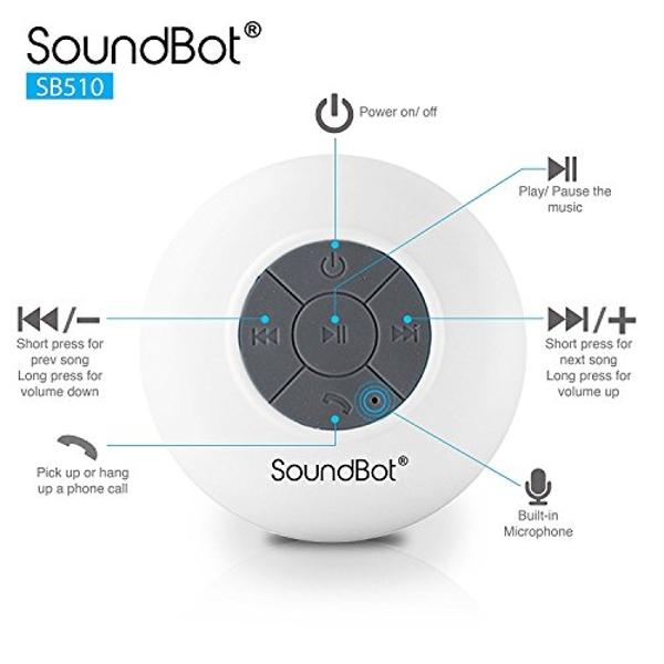 Altavoz de ducha SoundBot® SB510 HD resistente al agua con Bluetooth 4.0, manos libres, micrófono integrado, 6 horas de reproducción, botones de control y ventosa especial para duc