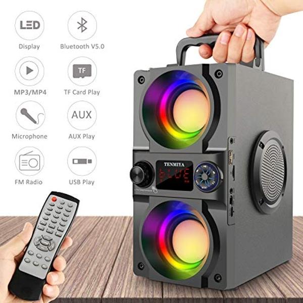 Altavoz Bluetooth, altavoz inalámbrico portátil de 40 W (pico de 60 W) con luces de colores, subwoofer doble de graves potentes, radio FM, reproductor de MP3, Bluetooth 5.0, altavo