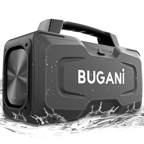 Altavoz Bluetooth BUGANI, potente altavoz inalámbrico portátil de 80 W, resistente al agua IPX7, altavoz para exteriores con asa, 24 horas de reproducción, compatible con micrófono