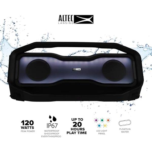 Altavoces inalámbricos portátiles Bluetooth Altec Lansing Rockbox XL 2.0 con luces LED, IP67 resistente al agua y duradero para exteriores, 20 horas de batería con control por apli