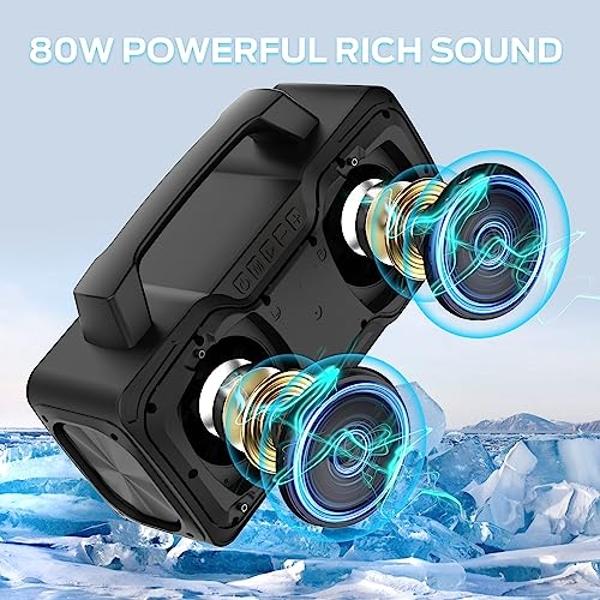 Altavoz Bluetooth BUGANI, potente altavoz inalámbrico portátil de 80 W, resistente al agua IPX7, altavoz para exteriores con asa, 24 horas de reproducción, compatible con micrófono