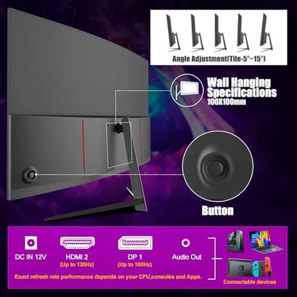 Monitor curvo para juegos Gawfolk de 27 pulgadas, 144 Hz/180 Hz, Full HD 1080P, pantalla de computadora sin marco 1800R con FreeSync y tecnología Eye-Care, montaje en pared, DP, pu