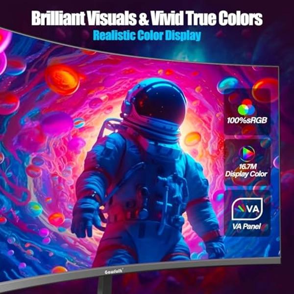 Monitor curvo para juegos Gawfolk de 27 pulgadas, 144 Hz/180 Hz, Full HD 1080P, pantalla de computadora sin marco 1800R con FreeSync y tecnología Eye-Care, montaje en pared, DP, pu