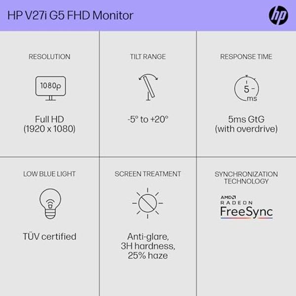 Monitor de escritorio HP V27i G5 de 27 pulgadas Full HD con AMD FreeSync de 75 Hz, modo de luz azul de baja intensidad, antirreflejo, compatible con VESA, ajuste de inclinación, HD