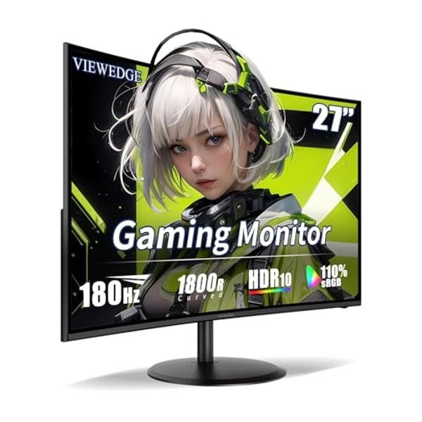 Monitor curvo para juegos ViewEdge de 27 pulgadas, 180 Hz, 1 ms, FHD 1920 x 1080P, pantalla VA 1800R, 120 % sRGB con FreeSync, bajo desenfoque de movimiento, HDMI y DP, altavoces i