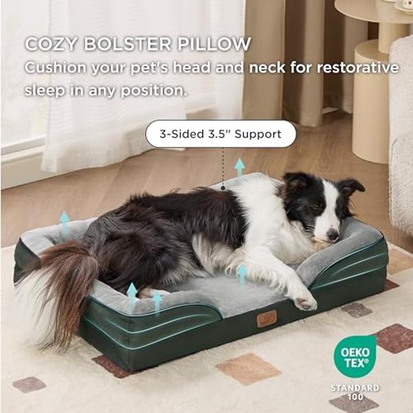 Camas ortopédicas Bedsure para perros grandes: lavables e impermeables, sofá grande y cómodo con funda extraíble y lavable, espuma de soporte y base antideslizante, color verde osc