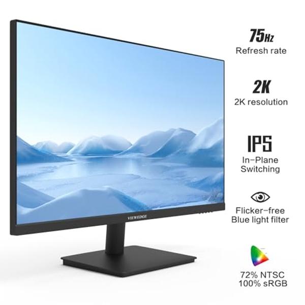 Monitor Viewedge de 27 pulgadas con panel IPS 2K 2560 x 1440 de 75 Hz | Monitor de 27 pulgadas QHD con HDMI, DP y montaje en pared | Monitor de PC 1440p con protección ocular para 