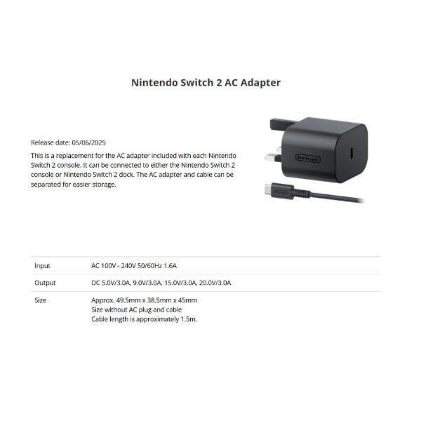 Adaptador AC Cargador Nintendo Switch 2 - Game Center