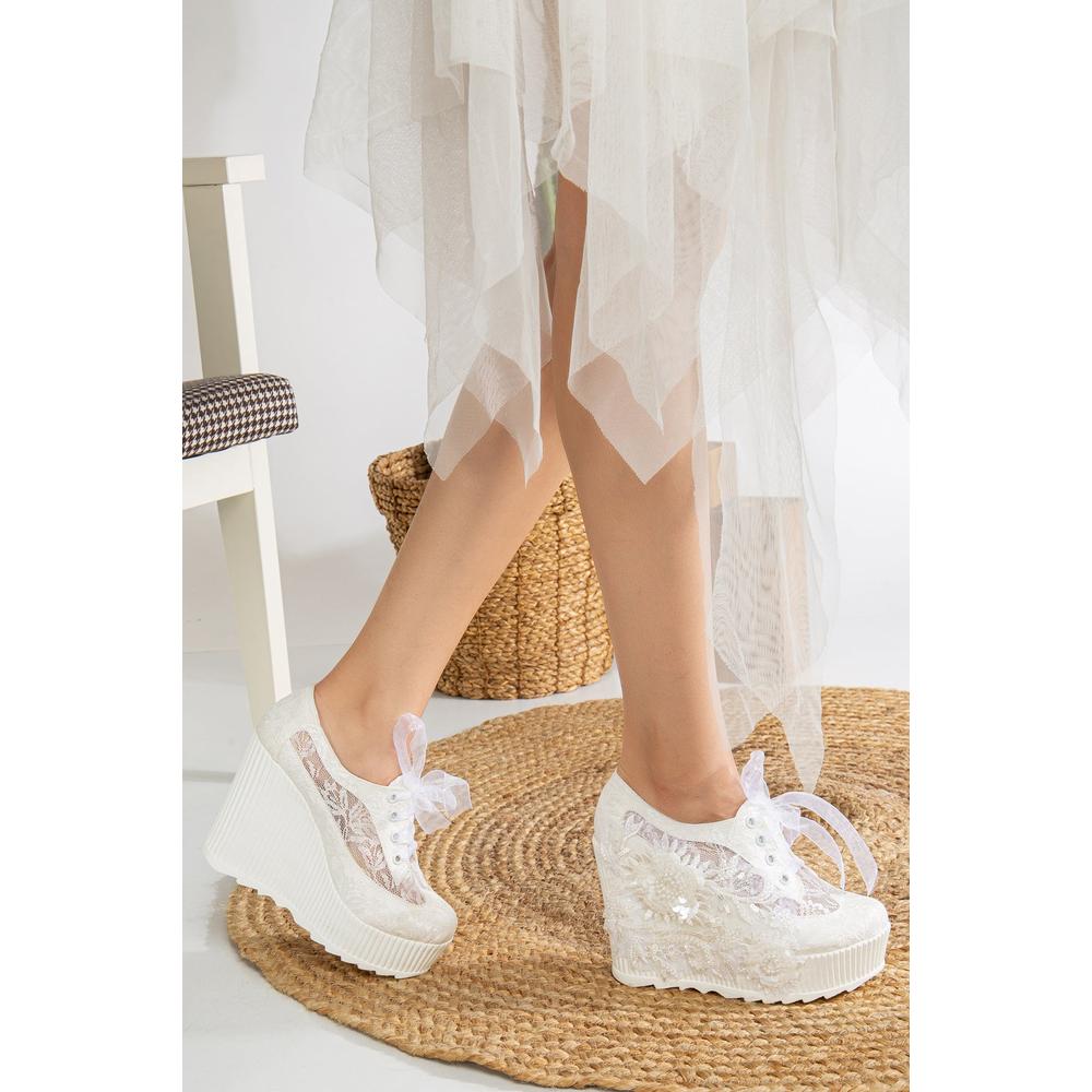 Sheri - Tenis de boda de tacón alto con encaje color marfil
