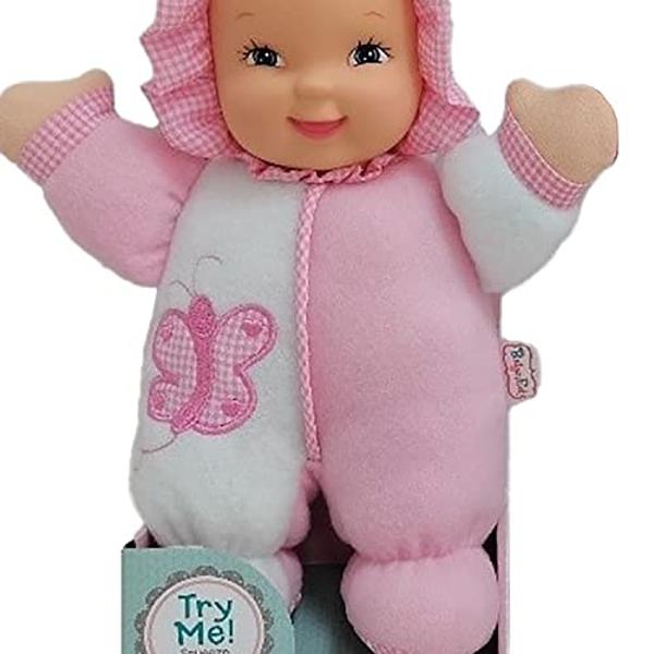 Muñeca bebé HABA Cari de 30 cm, color negro, con coletas negras, cara bordada, vestido verde extraíble y lavable a máquina (a partir de 18 meses).